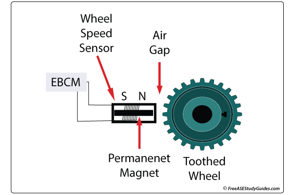 The signal changes as a toothed ring rotates past the wheel speed sensor's tip.