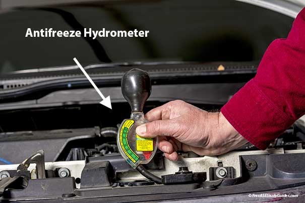 Mechanic using a hydrometer to check the battery specific gravity