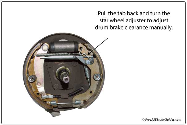 Pull the tab back and turn the star wheel adjuster to adjust clearance manually.