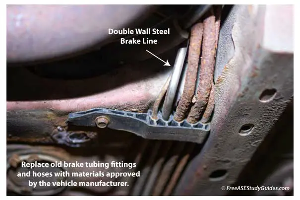 Replace old brake tubing fittings and hoses with materials approved by the vehicle manufacturer.