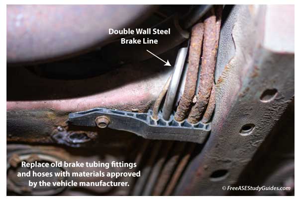 Replace old brake tubing fittings and hoses with materials approved by the vehicle manufacturer.