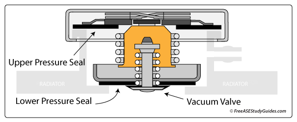 The different components of a spring loaded normally closed radiator cap.