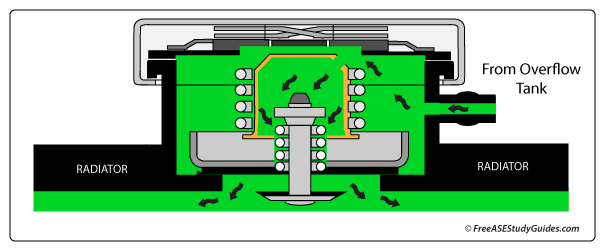 The radiator caps vacuum valve opens to allow coolant to flow from the overflow tank back into the radiator.