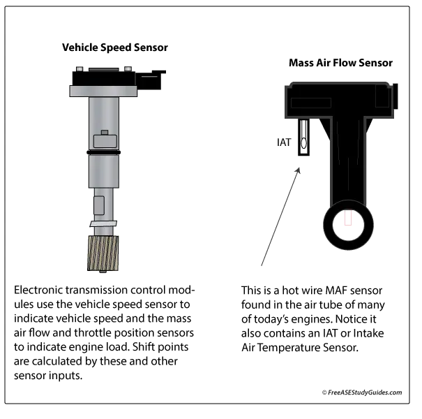 The transmission control unit uses the mass air flow sensor and the vehicle speed sensor.